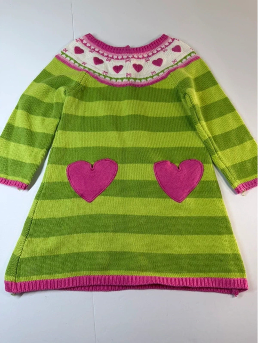 Gymboree Lovable Giraffe Toddler Size 2T Green Striped Pink Heart Sweater Dress